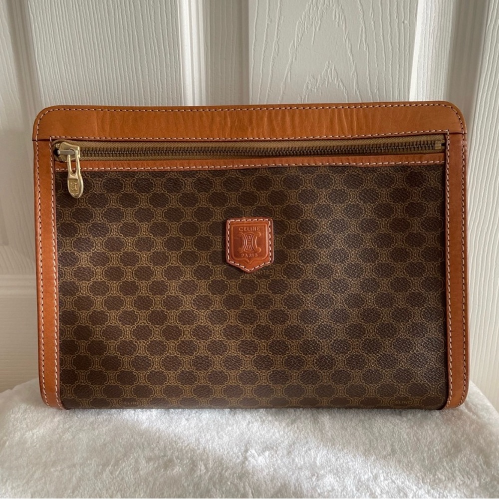 Celine vintage pouch in brown Macadam coated canvas.